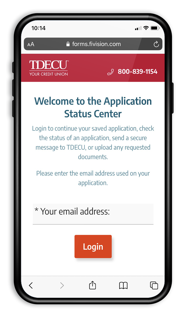 Smartphone with a screenshot of the TDECU application starting page