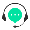 Teal chat bubble surrounded by black telephone headseat with microphone
